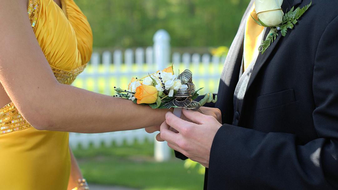 a photo of corsage and boutonniere with a man placing a wrist corsage on his prom date
